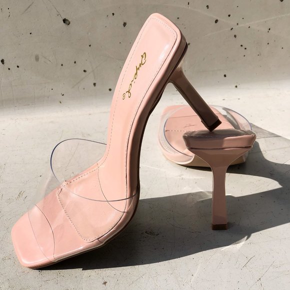 NEW Clear Blush Transparent Band Square Open Toe Slip On Heeled Mules Sandals - Picture 10 of 12